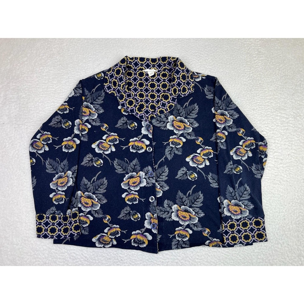 Vera Bradley Womens Blue Floral Cotton Knit Short Sleeve Button Up Shirt Large